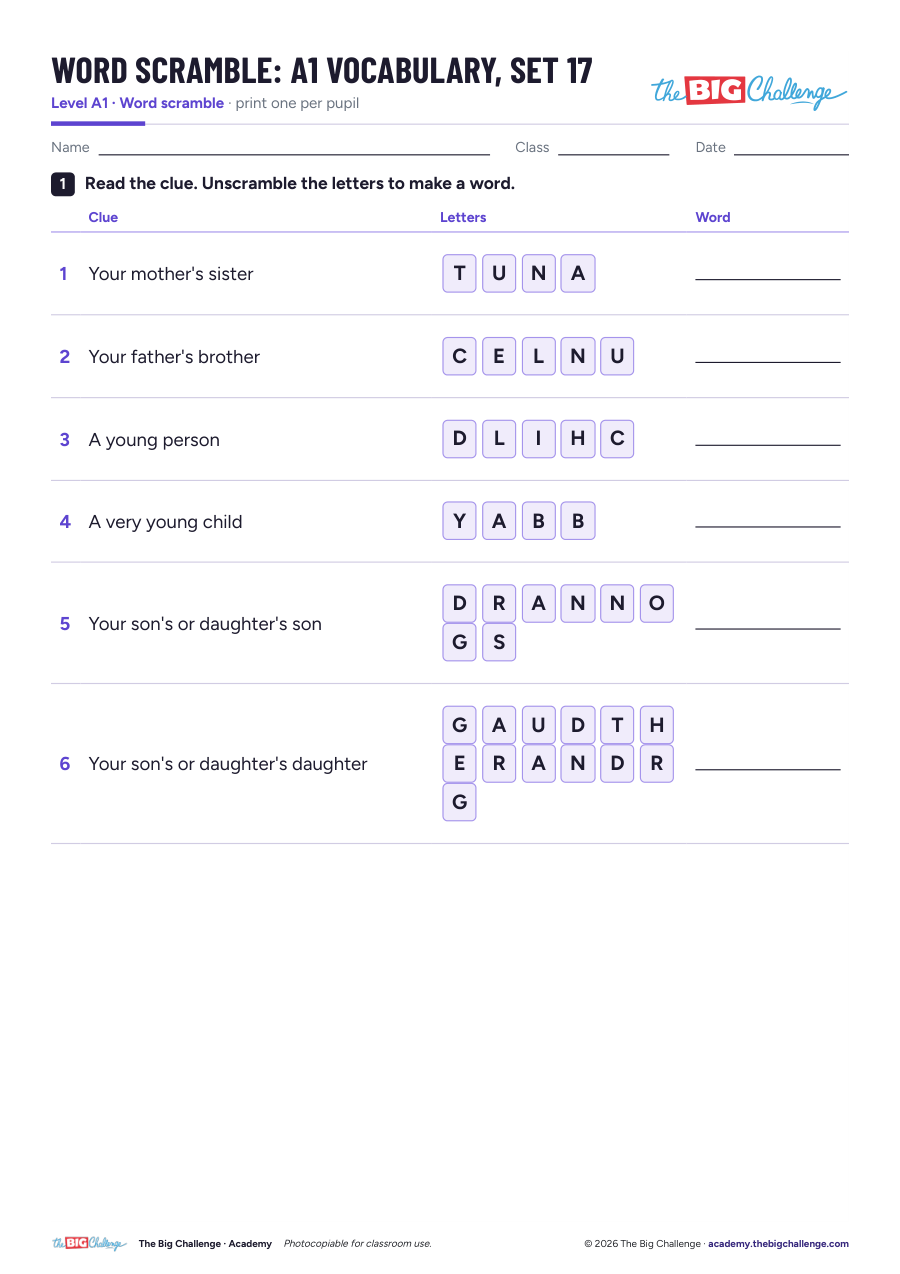 Vocabulary - Set 17 - A1 Word Scramble