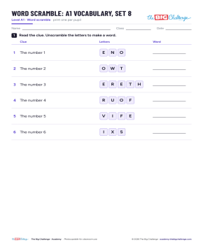 Vocabulary - Set 8 - A1 Word Scramble - Exercises public_resources.teaching_resource