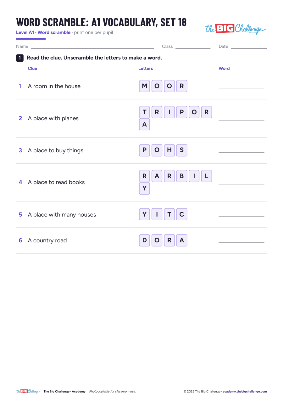 Vocabulary - Set 18 - A1 Word Scramble