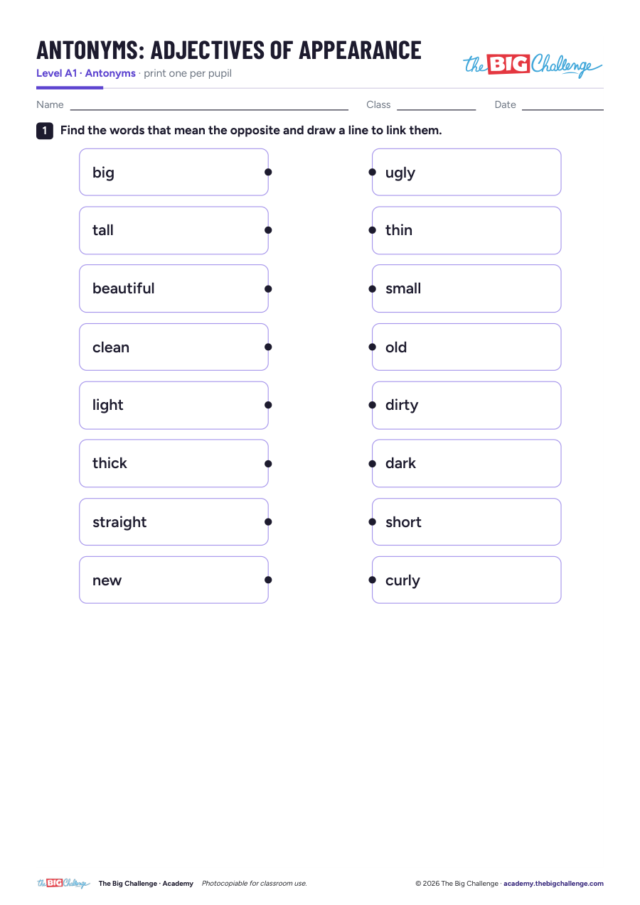 Adjectives of Appearance - A1 Antonyms