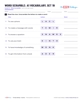 Vocabulary - Set 19 - A1 Word Scramble - Exercises public_resources.teaching_resource