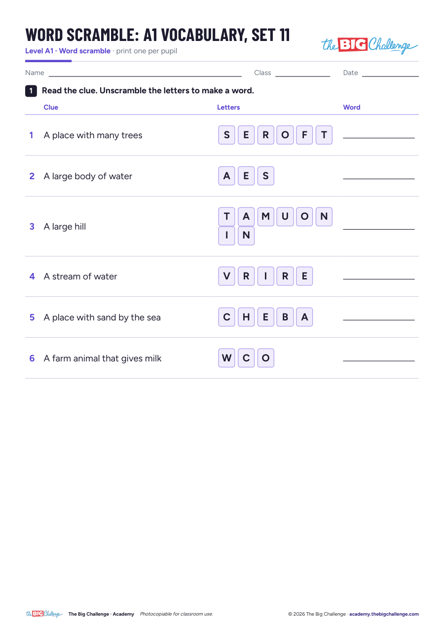 Vocabulary - Set 11 - A1 Word Scramble