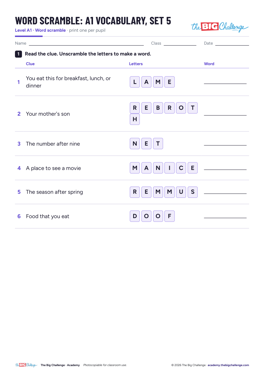 Vocabulary - Set 5 - A1 Word Scramble