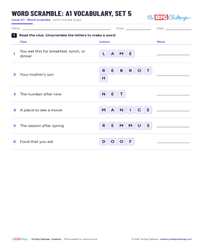 Vocabulary - Set 5 - A1 Word Scramble - Exercises public_resources.teaching_resource