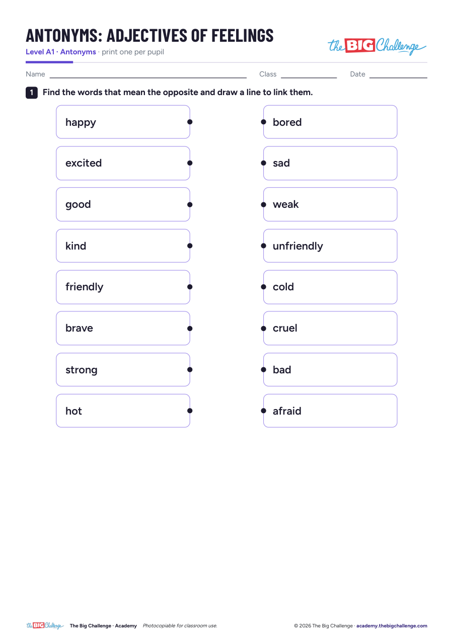 Adjectives of Feelings - A1 Antonyms