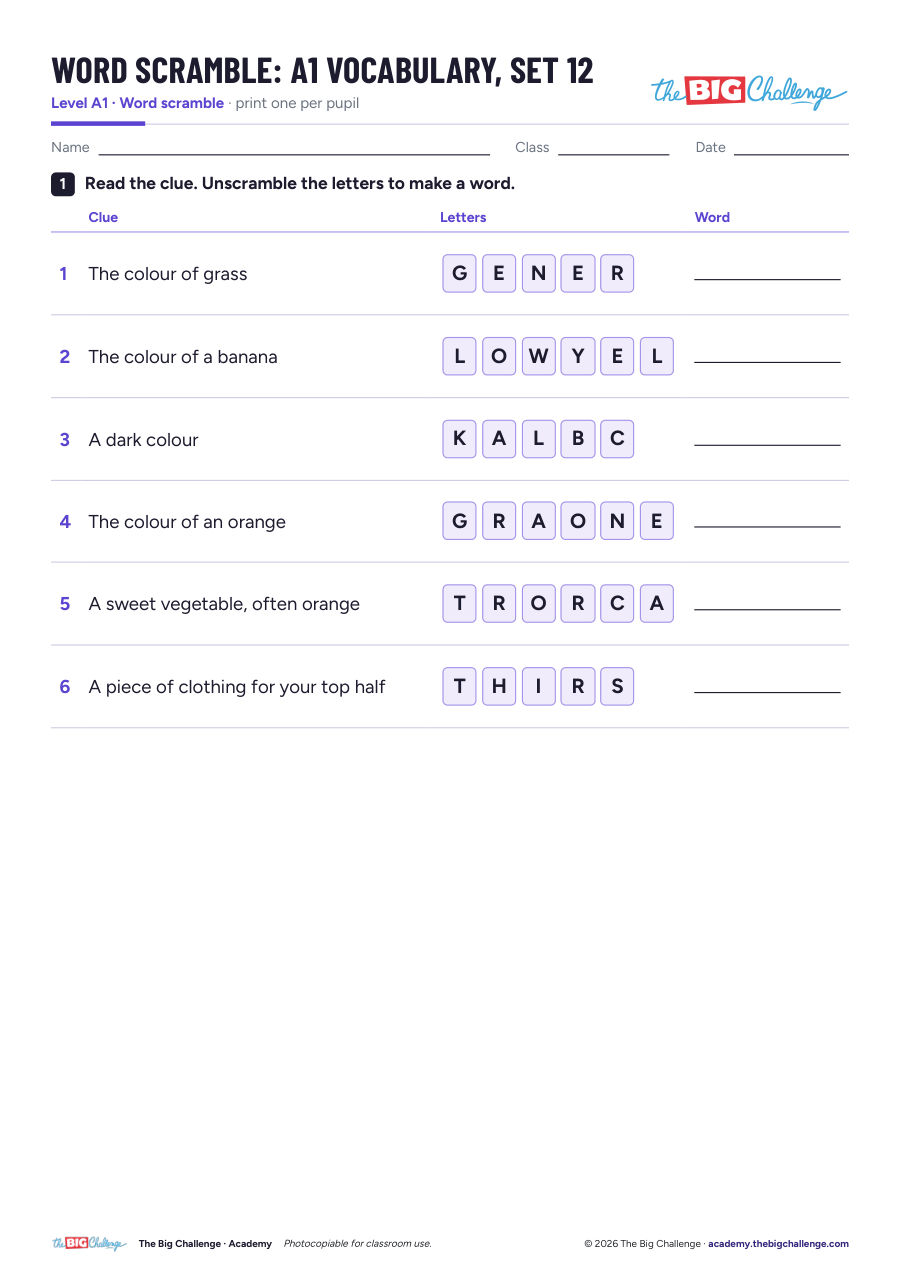 Vocabulary - Set 12 - A1 Word Scramble