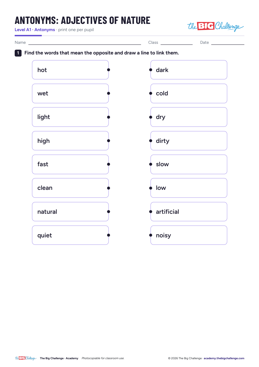 Adjectives of Nature - A1 Antonyms