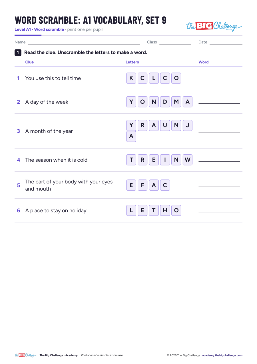 Vocabulary - Set 9 - A1 Word Scramble