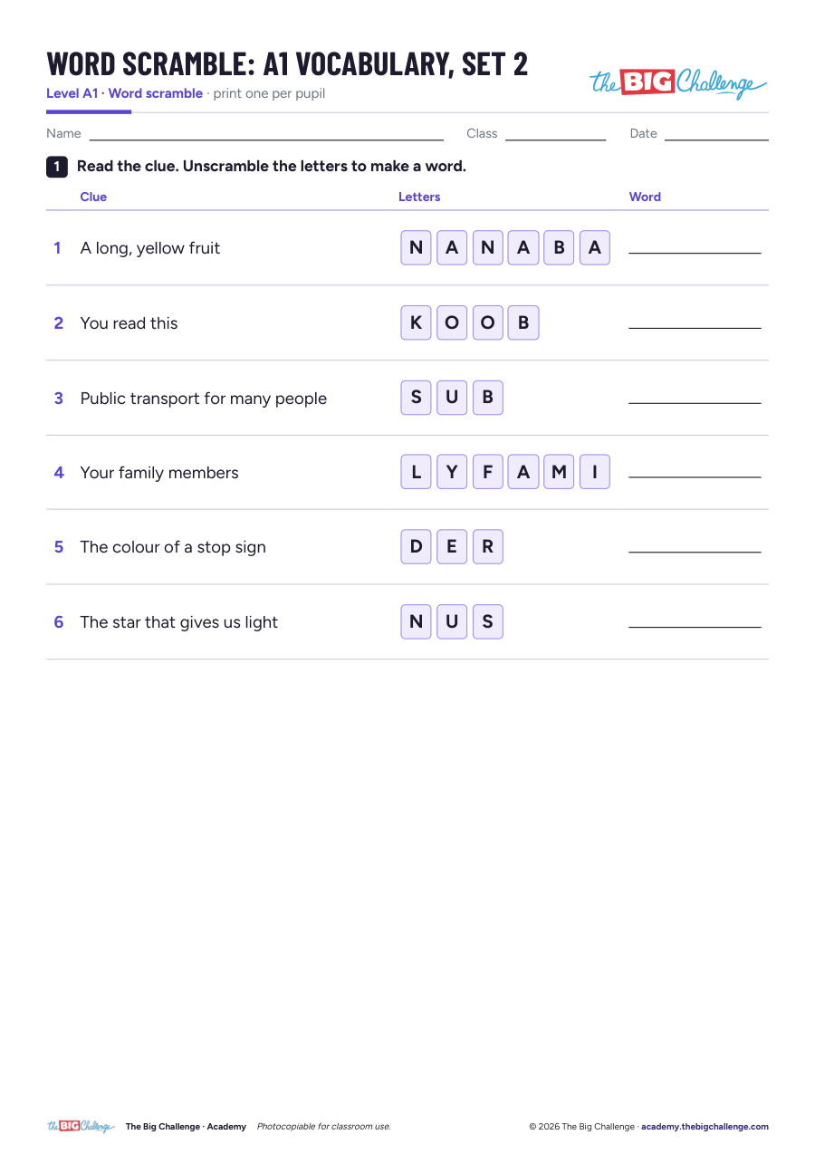 Vocabulary - Set 2 - A1 Word Scramble