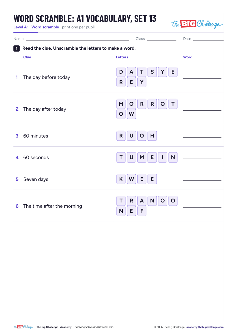 Vocabulary - Set 13 - A1 Word Scramble