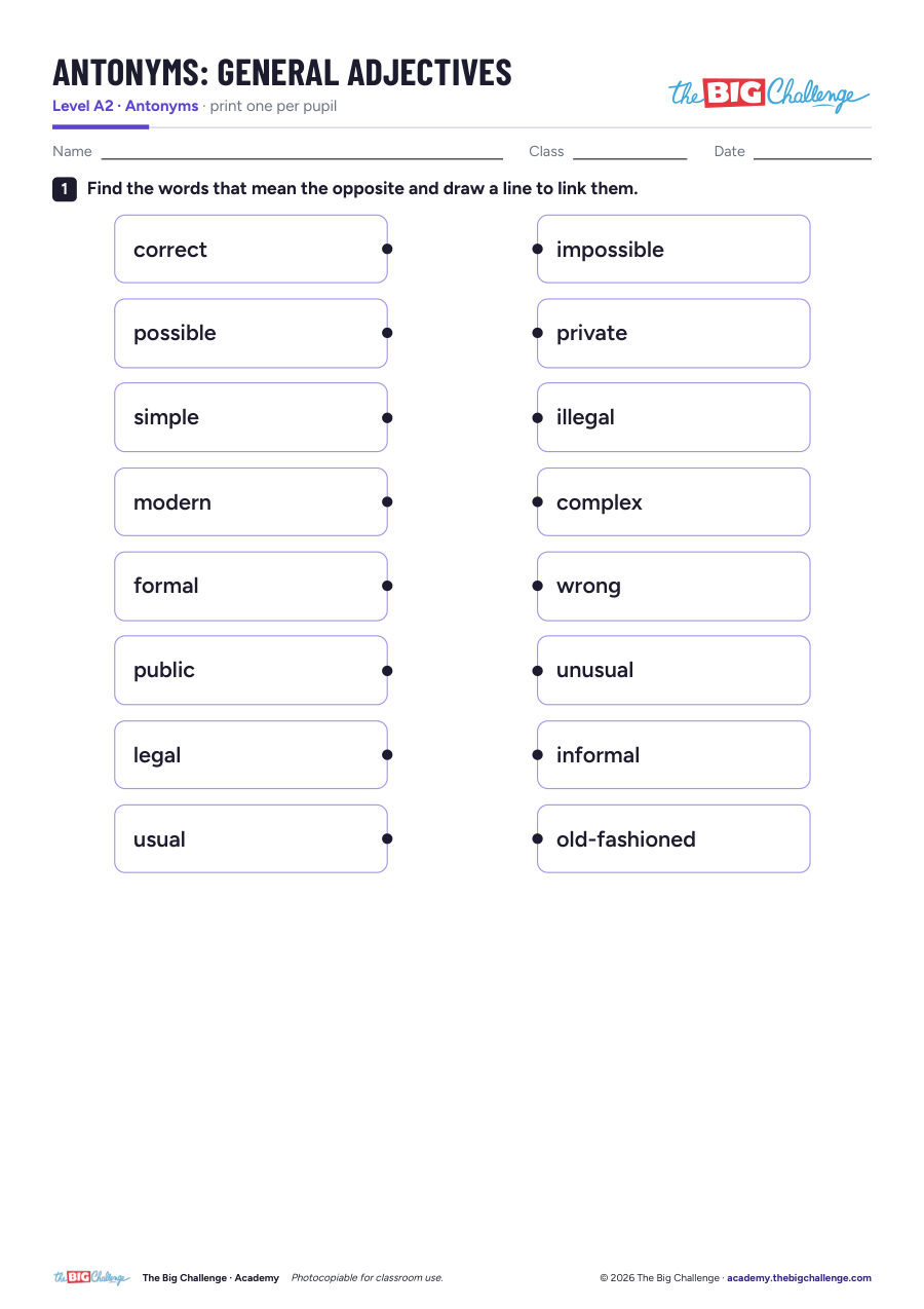 General Adjectives - A2 Antonyms