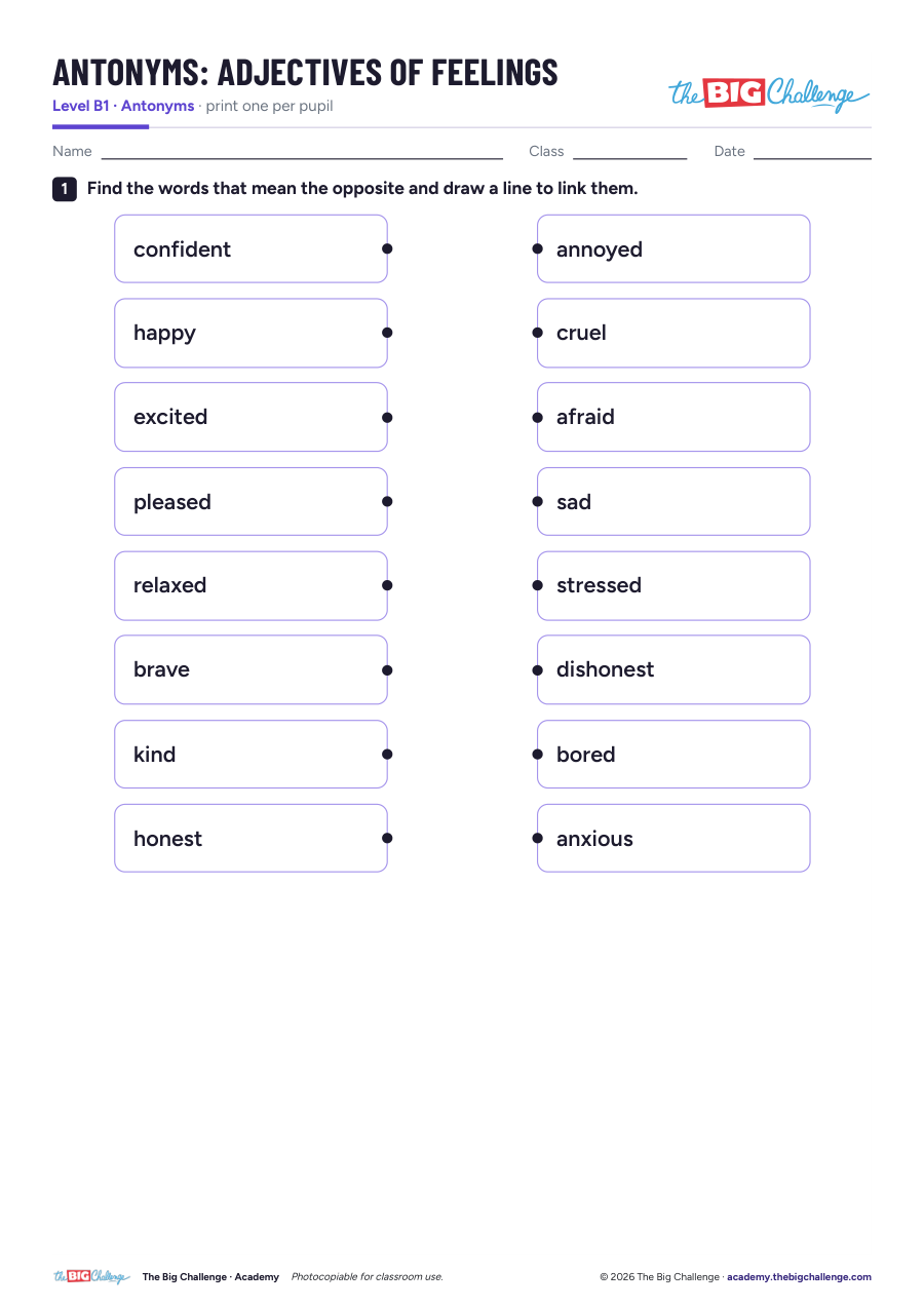Adjectives of Feelings - B1 Antonyms