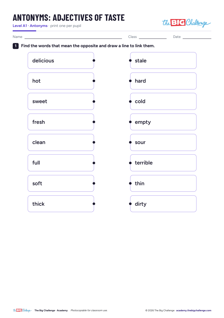 Adjectives of Taste - A1 Antonyms