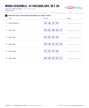 Vocabulary - Set 20 - A1 Word Scramble - Exercises public_resources.teaching_resource