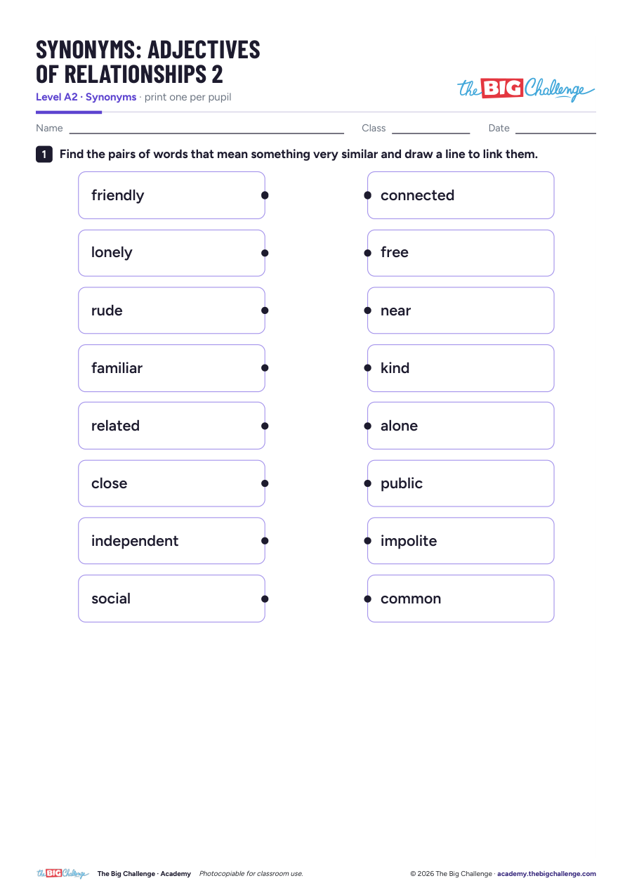Adjectives of Relationships- 2 - A2 Synonyms