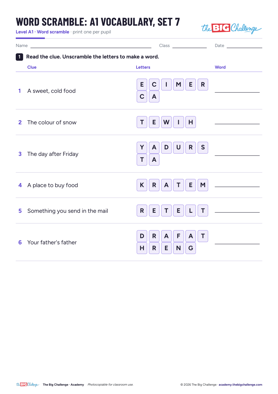 Vocabulary - Set 7 - A1 Word Scramble