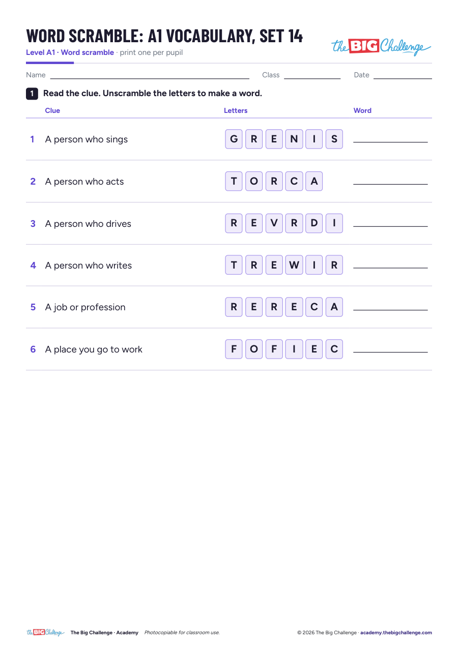Vocabulary - Set 14 - A1 Word Scramble