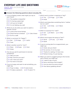 Everyday life Quiz questions - Exercises public_resources.teaching_resource