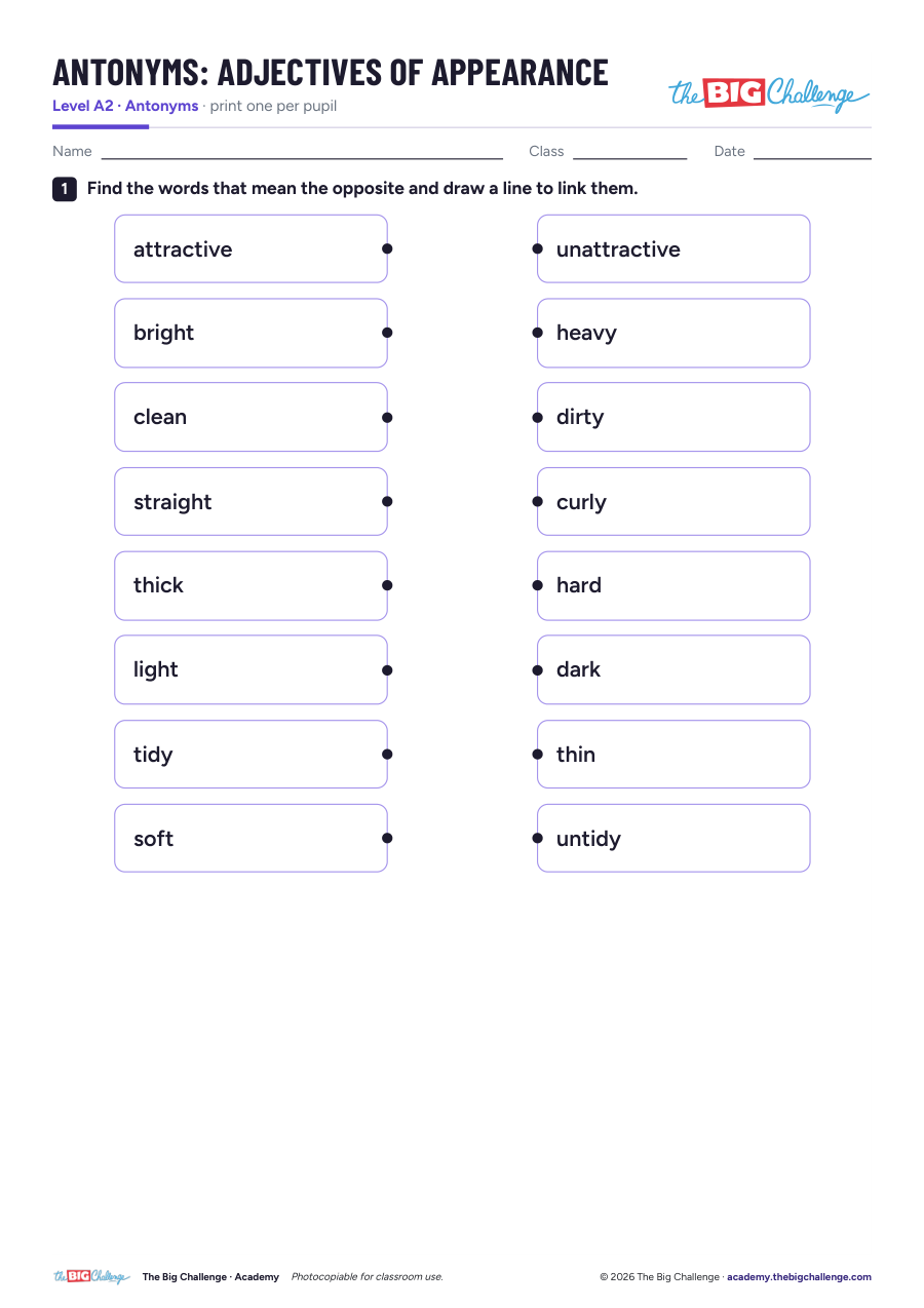 Adjectives of Appearance - A2 Antonyms