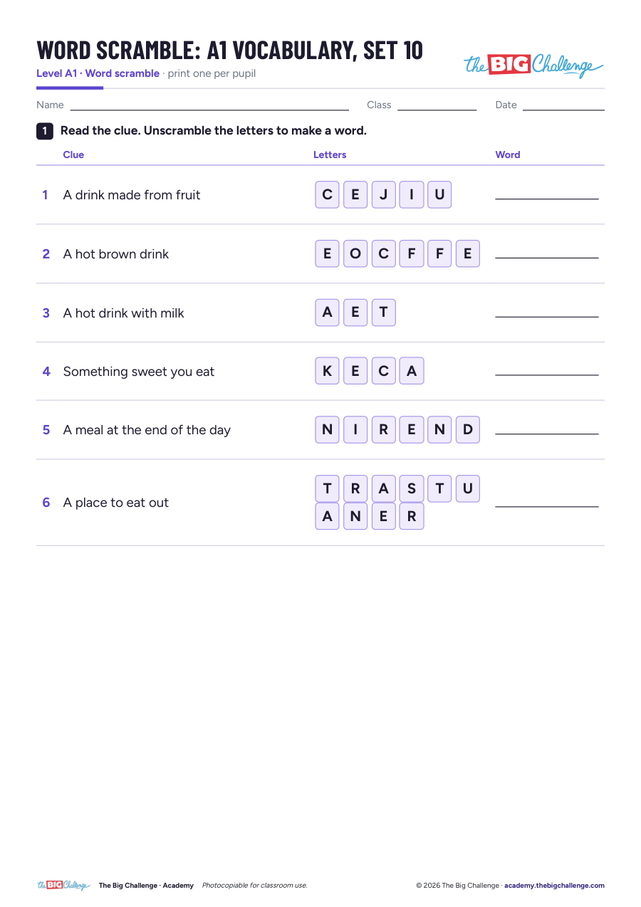 Vocabulary - Set 10 - A1 Word Scramble