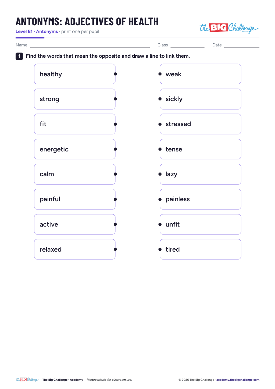 Adjectives of Health - B1 Antonyms