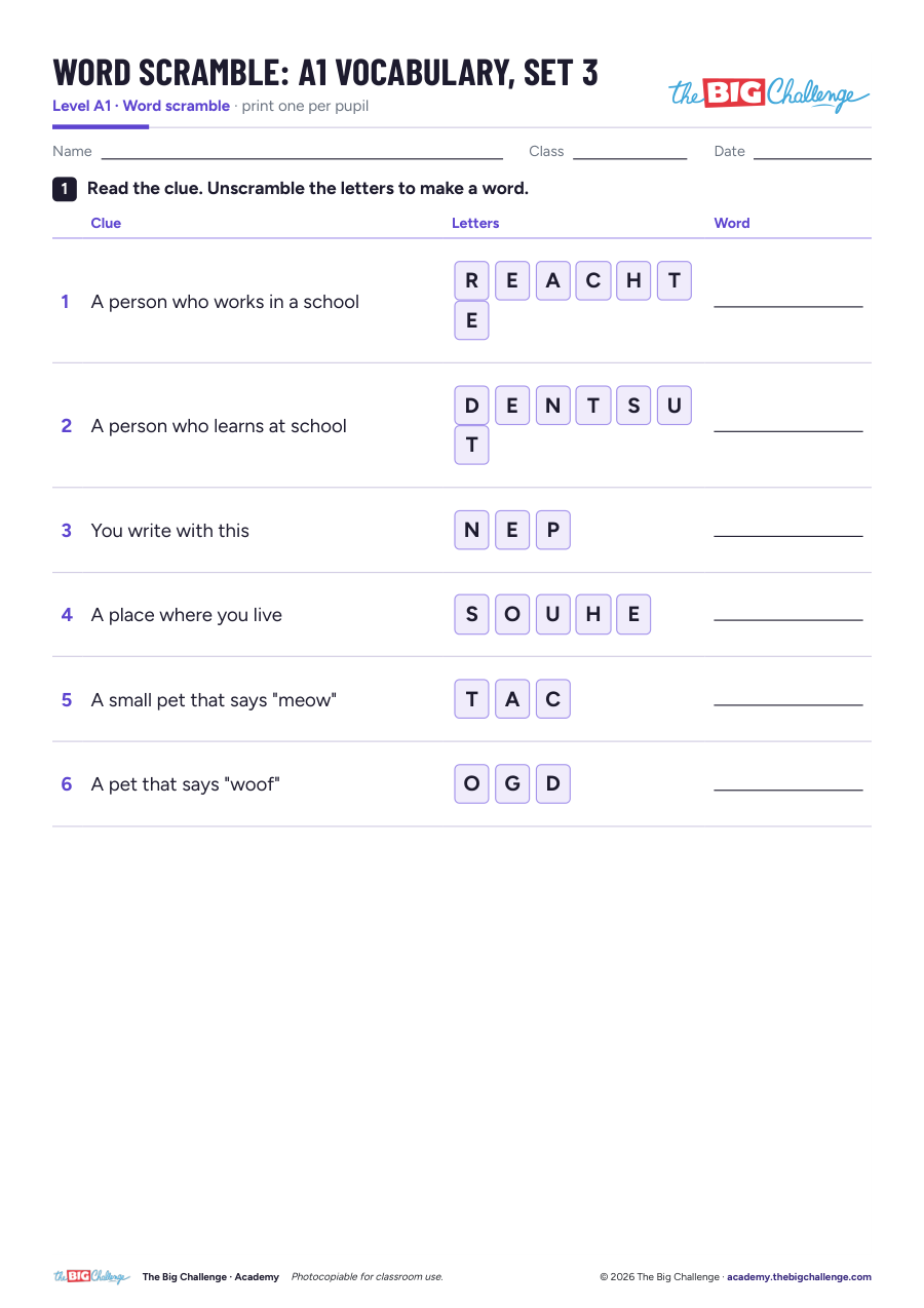 Vocabulary - Set 3- A1 Word Scramble