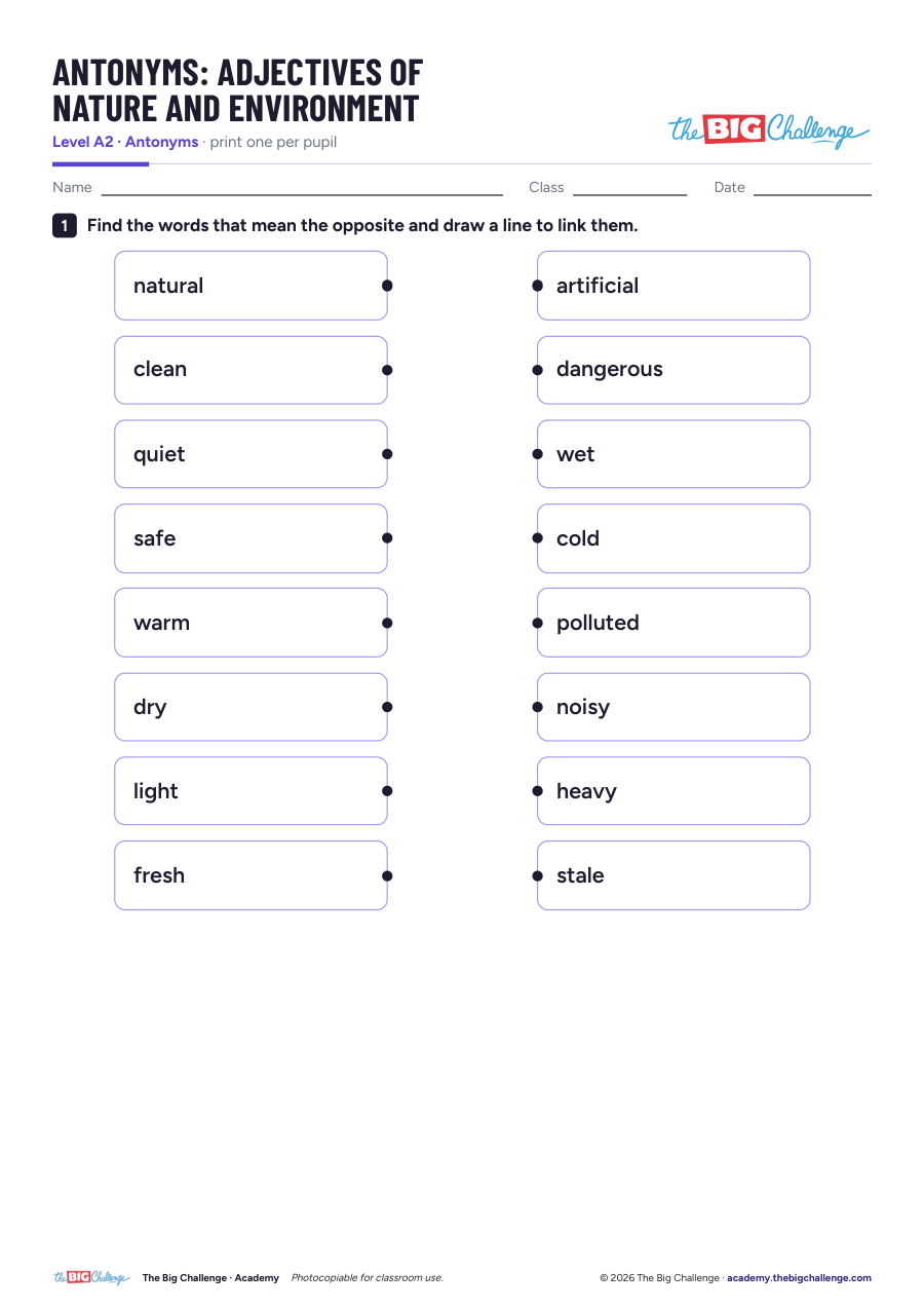 Adjectives of Nature and Environment - A2 Antonyms