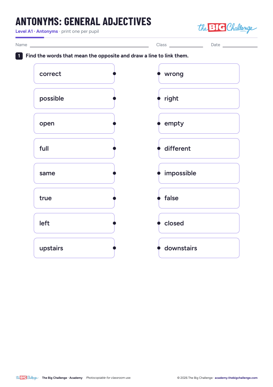 General Adjectives - A1 Antonyms