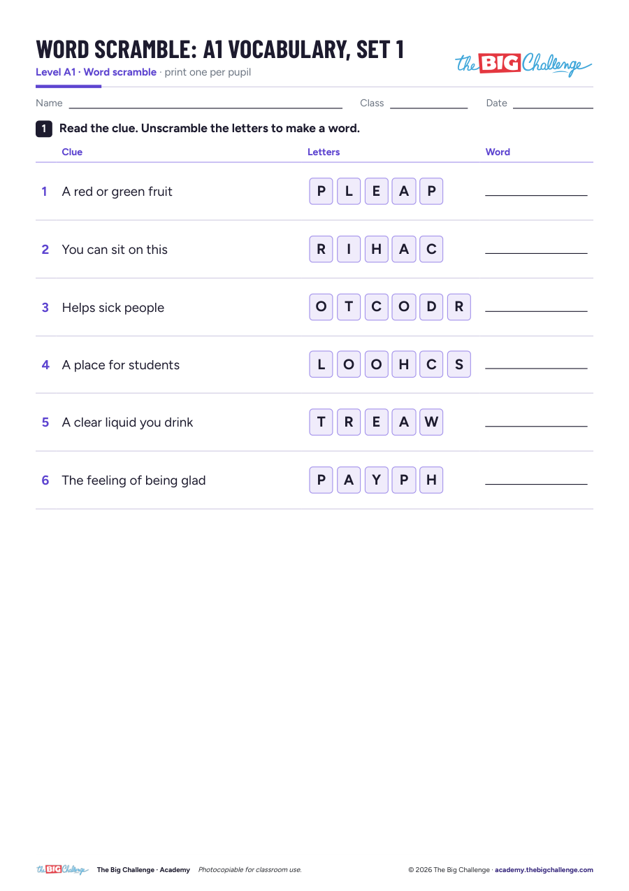 Vocabulary - Set 1- A1 Word Scramble
